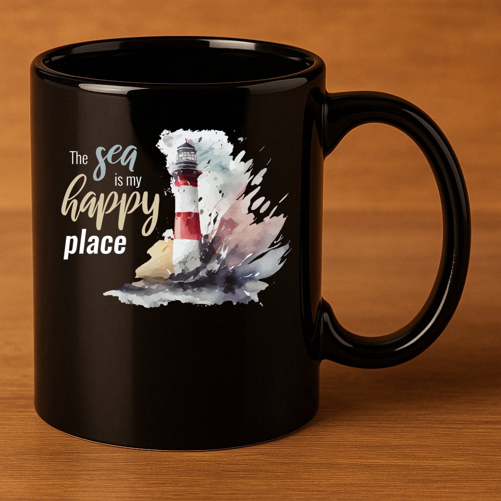 The Sea Is My Happy Place I Beach Lighthouses Coast Summer Cool Gift 11oz C Handle Ceramic Mug