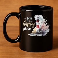 The Sea Is My Happy Place I Beach Lighthouses Coast Summer Cool Gift 11oz C Handle Ceramic Mug