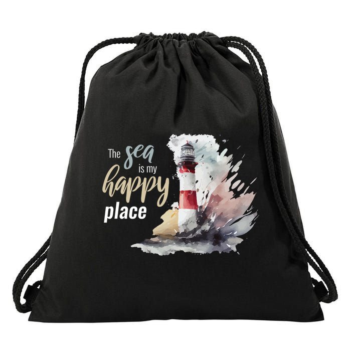 The Sea Is My Happy Place I Beach Lighthouses Coast Summer Cool Gift Drawstring Bag