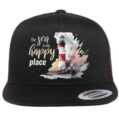 The Sea Is My Happy Place I Beach Lighthouses Coast Summer Cool Gift Flat Bill Trucker Hat