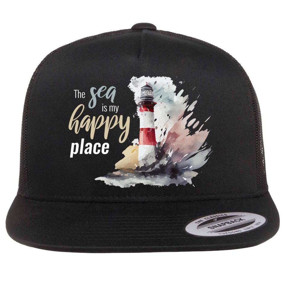 The Sea Is My Happy Place I Beach Lighthouses Coast Summer Cool Gift Flat Bill Trucker Hat