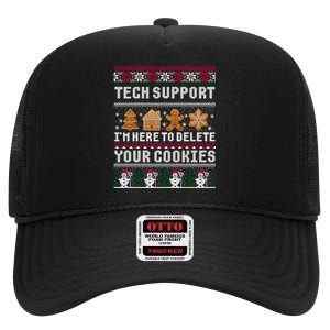 Tech Support I Am Here To Delete Your Cookies Funny Ugly Christmas High Crown Mesh Back Trucker Hat