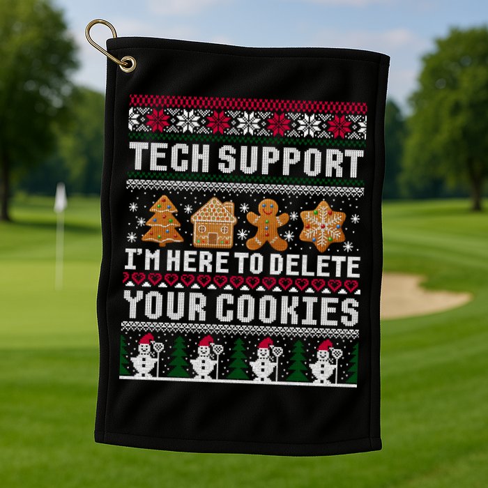 Tech Support I Am Here To Delete Your Cookies Funny Ugly Christmas Golf Towel