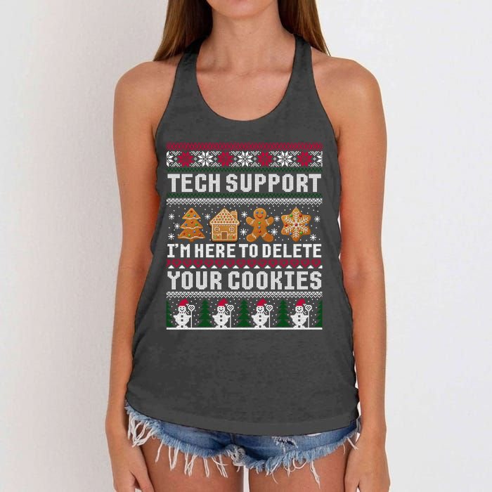 Tech Support I Am Here To Delete Your Cookies Funny Ugly Christmas Women's Knotted Racerback Tank