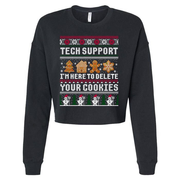 Tech Support I Am Here To Delete Your Cookies Funny Ugly Christmas Cropped Pullover Crew