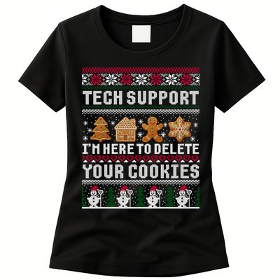 Tech Support I Am Here To Delete Your Cookies Funny Ugly Christmas Womens T-Shirt