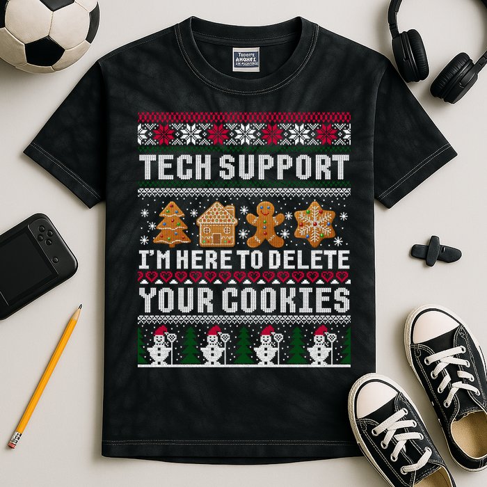 Tech Support I Am Here To Delete Your Cookies Funny Ugly Christmas Kids Tie-Dye T-Shirt