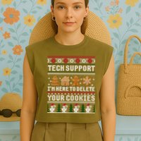 Tech Support I Am Here To Delete Your Cookies Funny Ugly Christmas Garment-Dyed Women's Muscle Tee