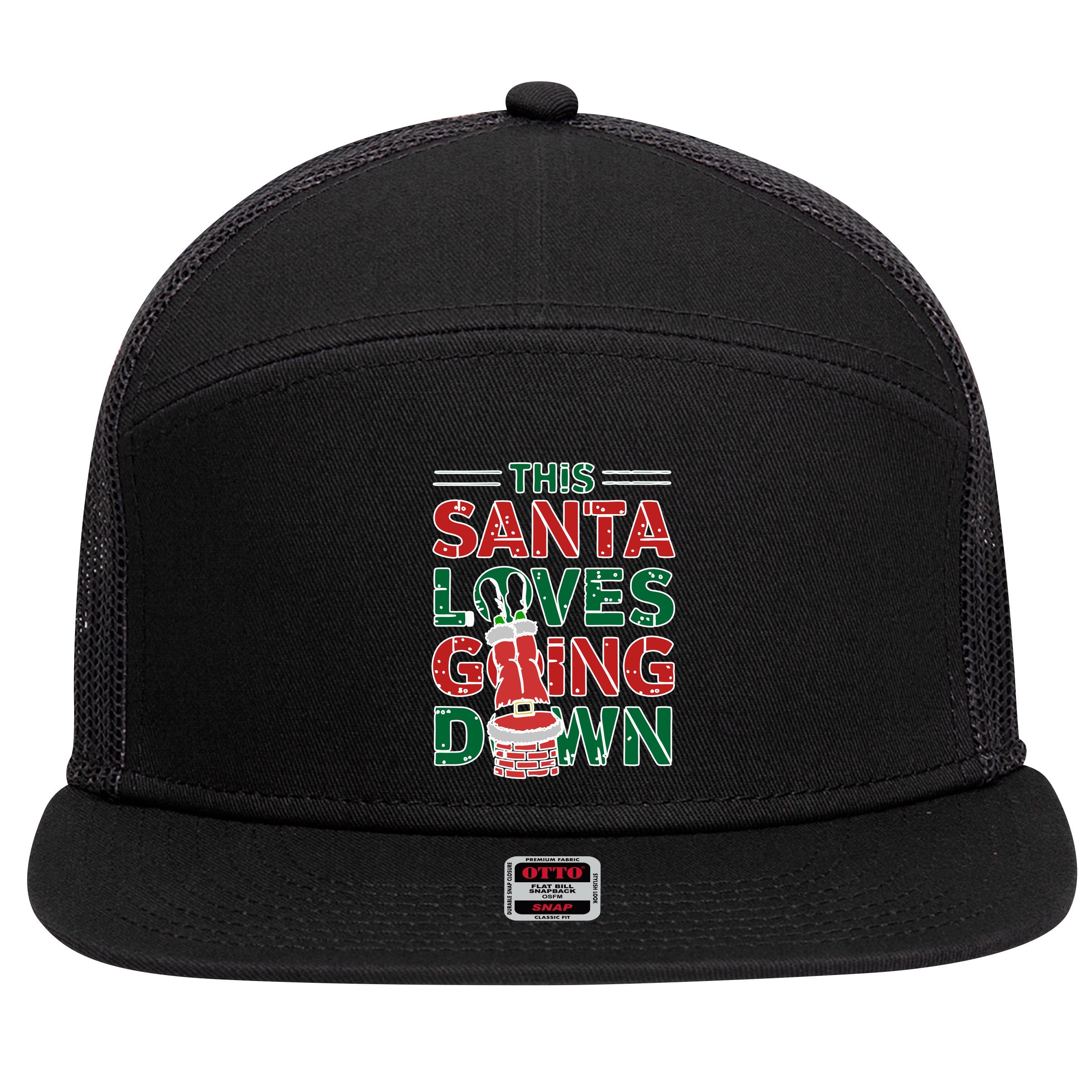 This Santa Loves Going Down Funny 7 Panel Mesh Trucker Snapback Hat