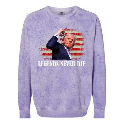 Trump Shot Legends Never Die 2024 Us Flag Vintage Colorblast Crewneck Sweatshirt