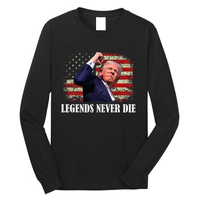 Trump Shot Legends Never Die 2024 Us Flag Vintage Long Sleeve Shirt