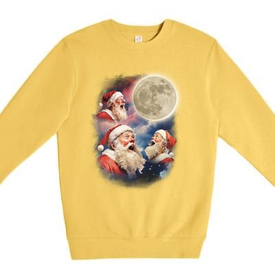 Three Santa Moon Santas Howling At Moon Meme Weird Christmas Gift Premium Crewneck Sweatshirt