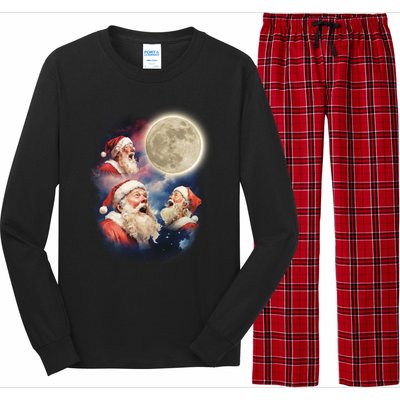 Three Santa Moon Santas Howling At Moon Meme Weird Christmas Gift Long Sleeve Pajama Set