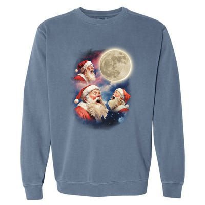 Three Santa Moon Santas Howling At Moon Meme Weird Christmas Gift Garment-Dyed Sweatshirt