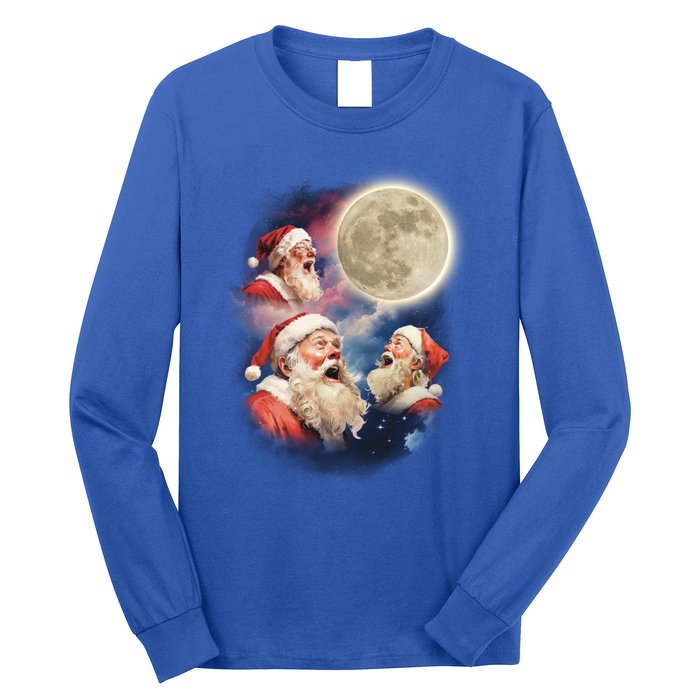 Three Santa Moon Santas Howling At Moon Meme Weird Christmas Gift Long Sleeve Shirt