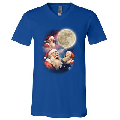 Three Santa Moon Santas Howling At Moon Meme Weird Christmas Gift V-Neck T-Shirt