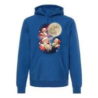 Three Santa Moon Santas Howling At Moon Meme Weird Christmas Gift Premium Hoodie