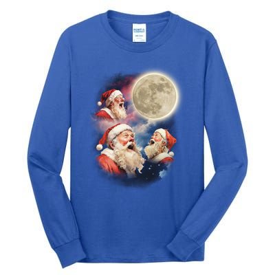 Three Santa Moon Santas Howling At Moon Meme Weird Christmas Gift Tall Long Sleeve T-Shirt