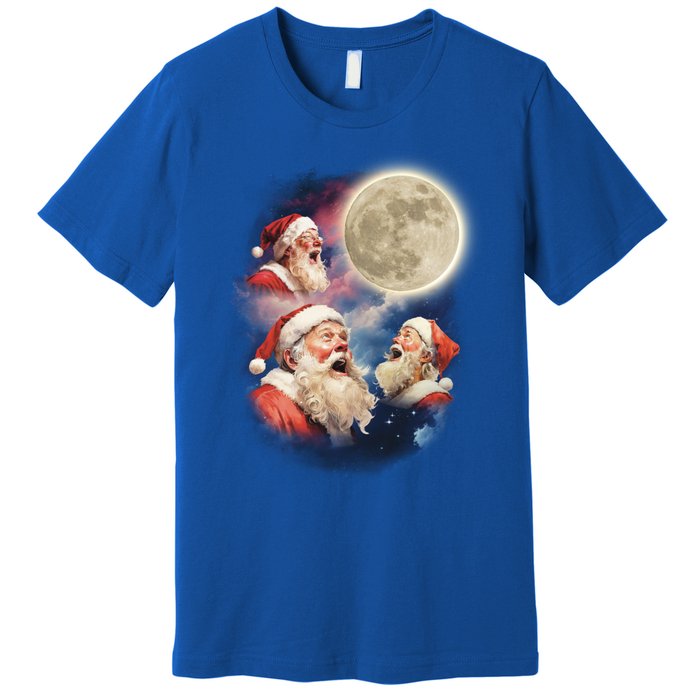 Three Santa Moon Santas Howling At Moon Meme Weird Christmas Gift Premium T-Shirt