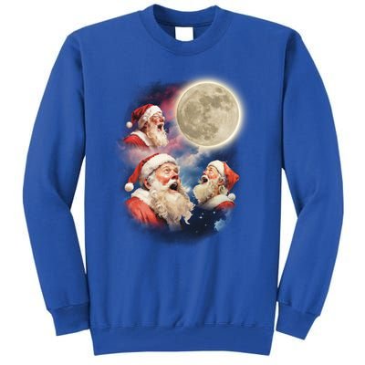 Three Santa Moon Santas Howling At Moon Meme Weird Christmas Gift Tall Sweatshirt