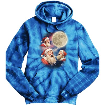 Three Santa Moon Santas Howling At Moon Meme Weird Christmas Gift Tie Dye Hoodie