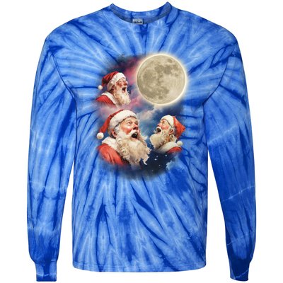 Three Santa Moon Santas Howling At Moon Meme Weird Christmas Gift Tie-Dye Long Sleeve Shirt