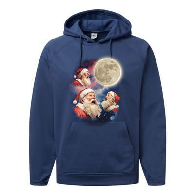 Three Santa Moon Santas Howling At Moon Meme Weird Christmas Gift Performance Fleece Hoodie