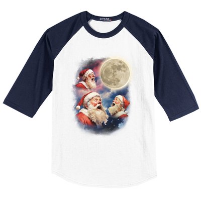 Three Santa Moon Santas Howling At Moon Meme Weird Christmas Gift Baseball Sleeve Shirt