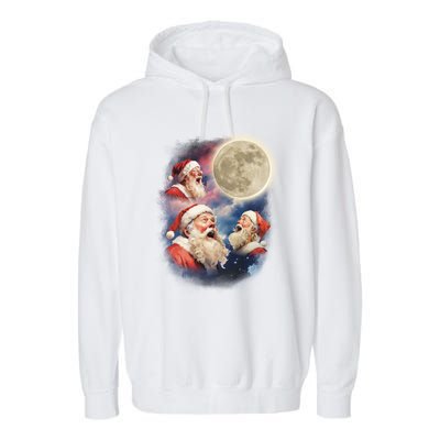 Three Santa Moon Santas Howling At Moon Meme Weird Christmas Gift Garment-Dyed Fleece Hoodie