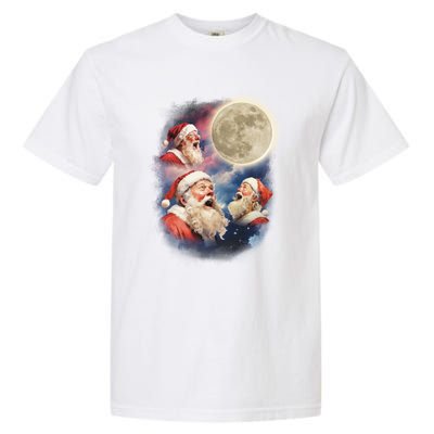 Three Santa Moon Santas Howling At Moon Meme Weird Christmas Gift Garment-Dyed Heavyweight T-Shirt