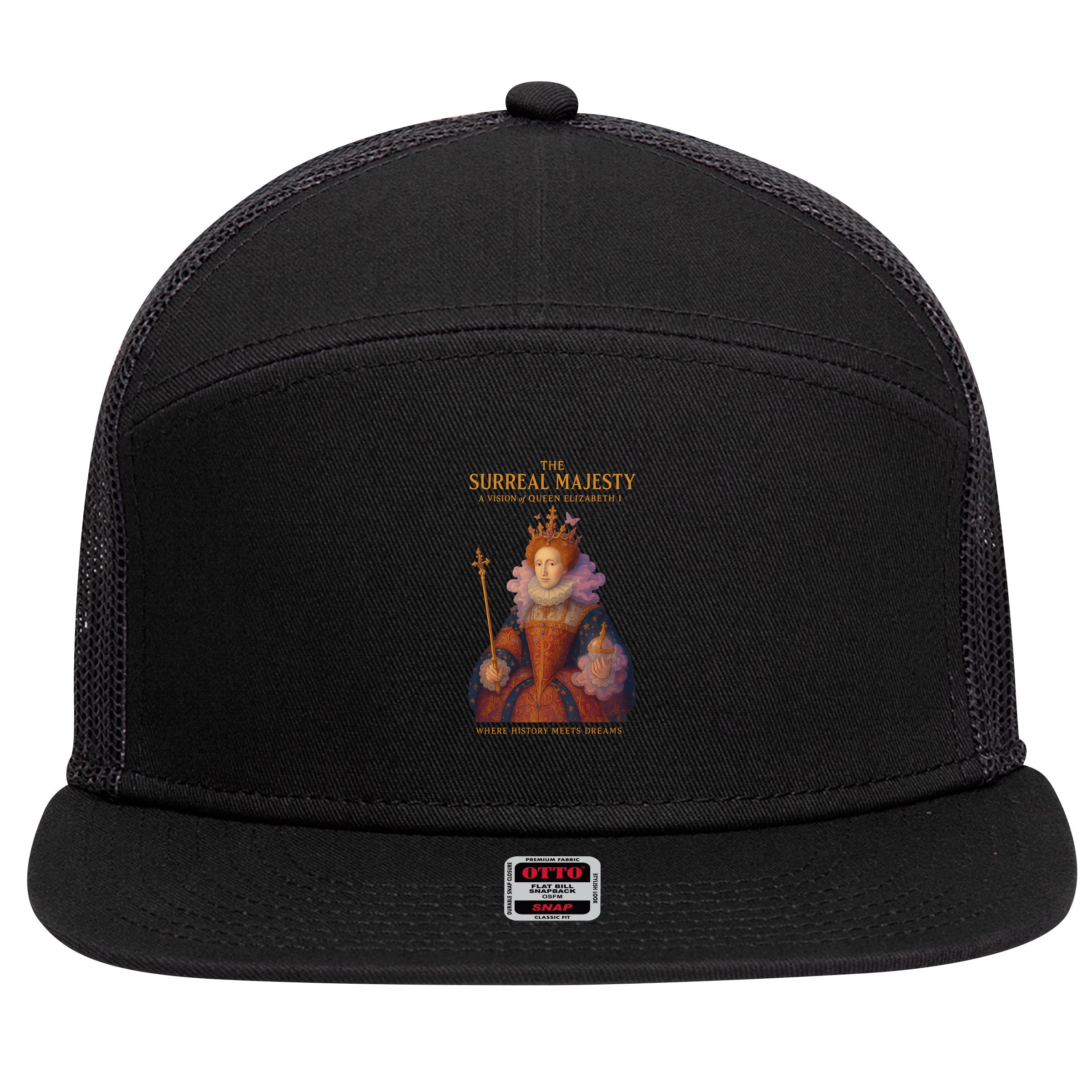 The Surreal Majesty A Vision Of Queen Elizabeth 7 Panel Mesh Trucker Snapback Hat