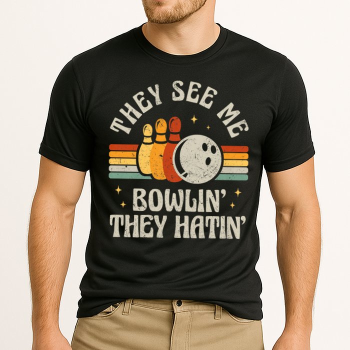 They See Me Bowlin They Hatin Retro Team Bowler Bowling 60s 70s Cooling Performance Crew T-Shirt
