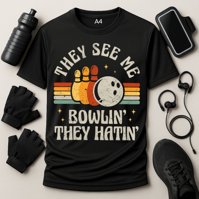 They See Me Bowlin They Hatin Retro Team Bowler Bowling 60s 70s Cooling Performance Crew T-Shirt