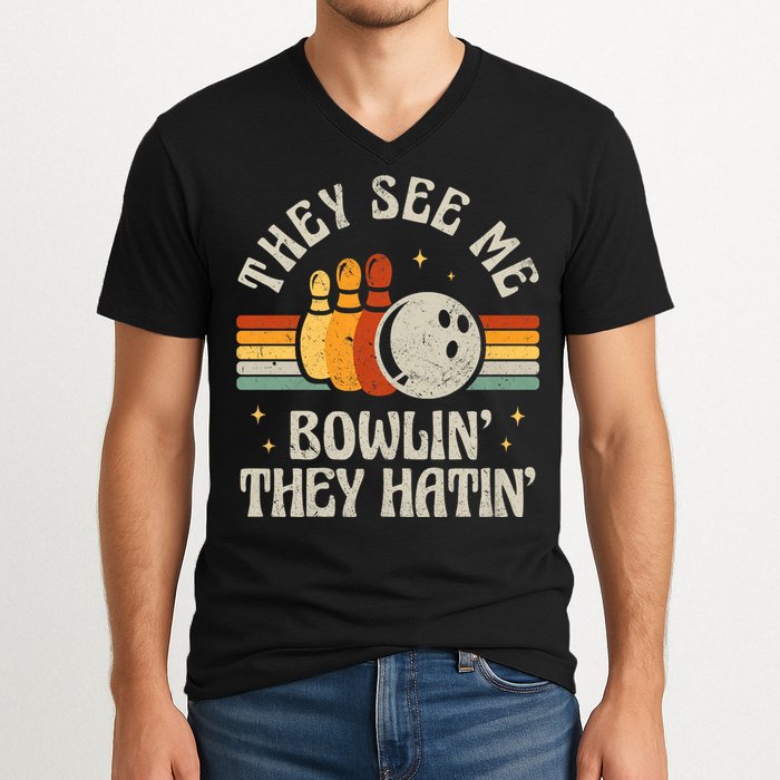 They See Me Bowlin They Hatin Retro Team Bowler Bowling 60s 70s V-Neck T-Shirt