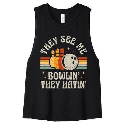 They See Me Bowlin They Hatin Retro Team Bowler Bowling 60s 70s Women's Racerback Cropped Tank