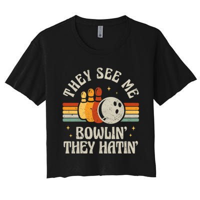 They See Me Bowlin They Hatin Retro Team Bowler Bowling 60s 70s Women's Crop Top Tee