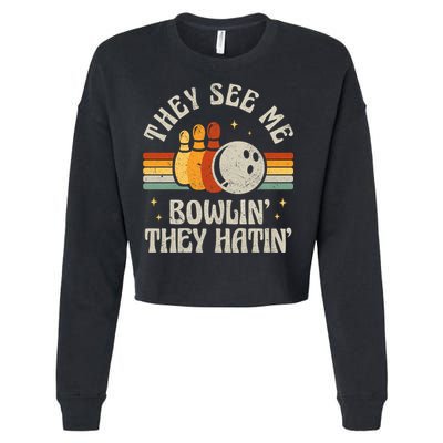They See Me Bowlin They Hatin Retro Team Bowler Bowling 60s 70s Cropped Pullover Crew