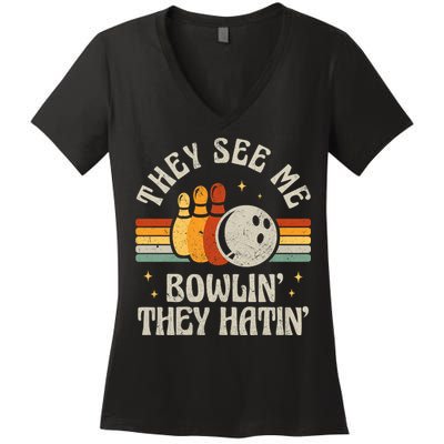 They See Me Bowlin They Hatin Retro Team Bowler Bowling 60s 70s Women's V-Neck T-Shirt