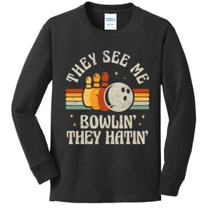 They See Me Bowlin They Hatin Retro Team Bowler Bowling 60s 70s Kids Long Sleeve Shirt