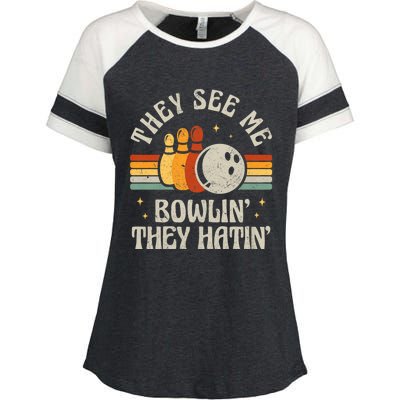 They See Me Bowlin They Hatin Retro Team Bowler Bowling 60s 70s Enza Ladies Jersey Colorblock Tee