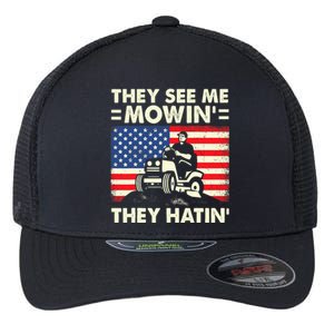 They See Me Mowing They Hatin Funny Lawn Mowing Flexfit Unipanel Trucker Cap