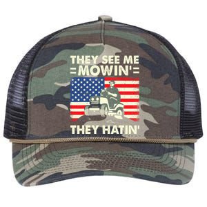 They See Me Mowing They Hatin Funny Lawn Mowing Retro Rope Trucker Hat Cap