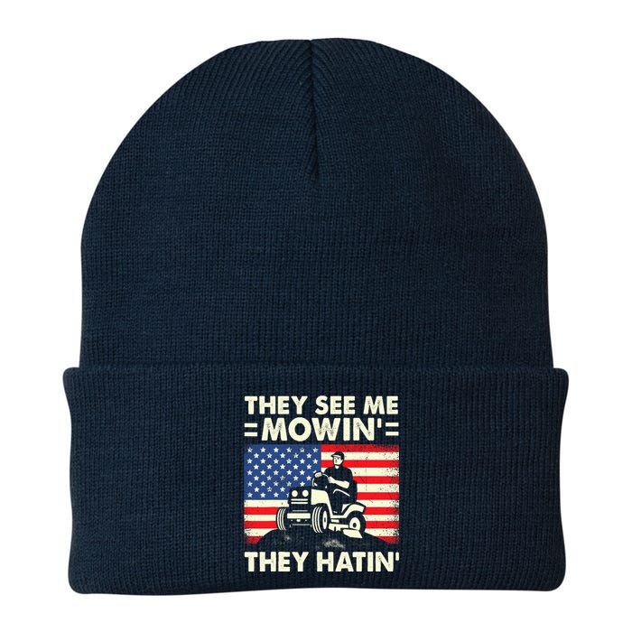 They See Me Mowing They Hatin Funny Lawn Mowing Knit Cap Winter Beanie