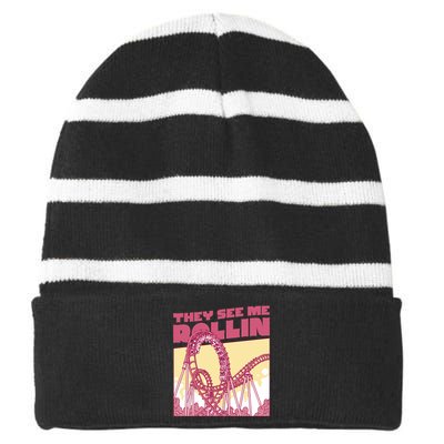 They See Me Rollin Funny Roller Coaster Striped Beanie with Solid Band