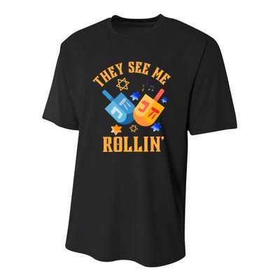 They See Me Rollin Hanukkah Jewish Youth Performance Sprint T-Shirt