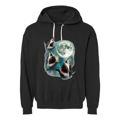 Three Shark Moon 3 Great Whites Howling Wolfs Moon Garment-Dyed Fleece Hoodie