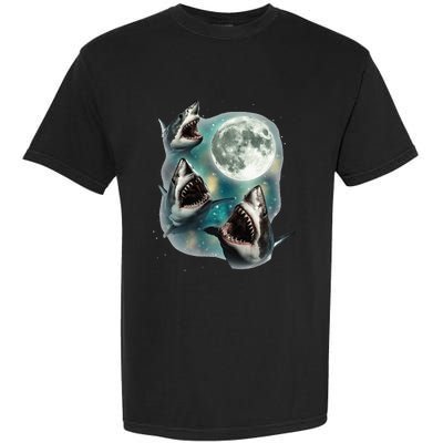 Three Shark Moon 3 Great Whites Howling Wolfs Moon Garment-Dyed Heavyweight T-Shirt