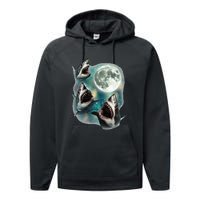 Three Shark Moon 3 Great Whites Howling Wolfs Moon Performance Fleece Hoodie