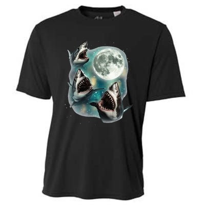 Three Shark Moon 3 Great Whites Howling Wolfs Moon Cooling Performance Crew T-Shirt