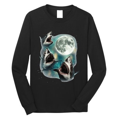 Three Shark Moon 3 Great Whites Howling Wolfs Moon Long Sleeve Shirt